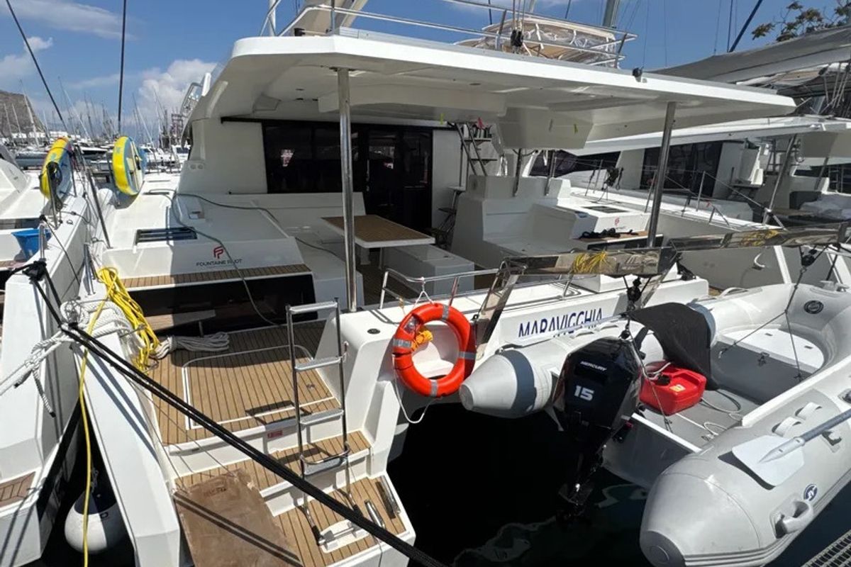 Exterior view of Maravigghia, a Fountaine Pajot Elba 45 catamaran at Palermo, Italy