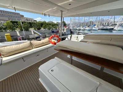 Deck of Maravigghia, a Fountaine Pajot Elba 45 catamaran at Palermo, Italy
