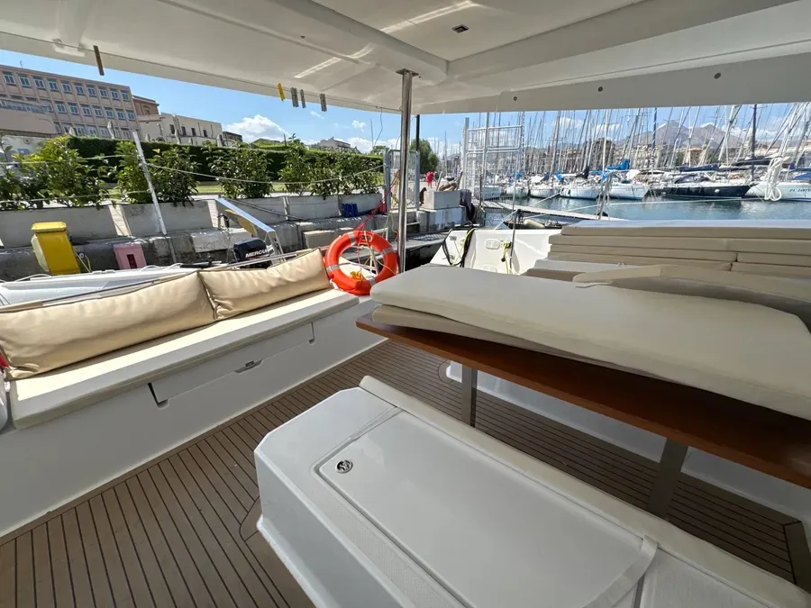 Deck of Maravigghia, a Fountaine Pajot Elba 45 catamaran at Palermo, Italy