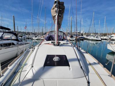 Deck of Grenat, a Jeanneau Sun Odyssey 379 sailboat at Saint-Cast-le-Guildo, France