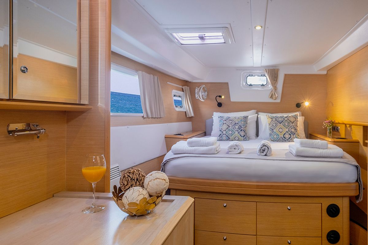 Cabin on Mystique II, a Lagoon 500 catamaran at Athens, Greece