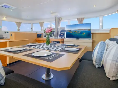 Salon of Mystique II, a Lagoon 500 catamaran at Athens, Greece
