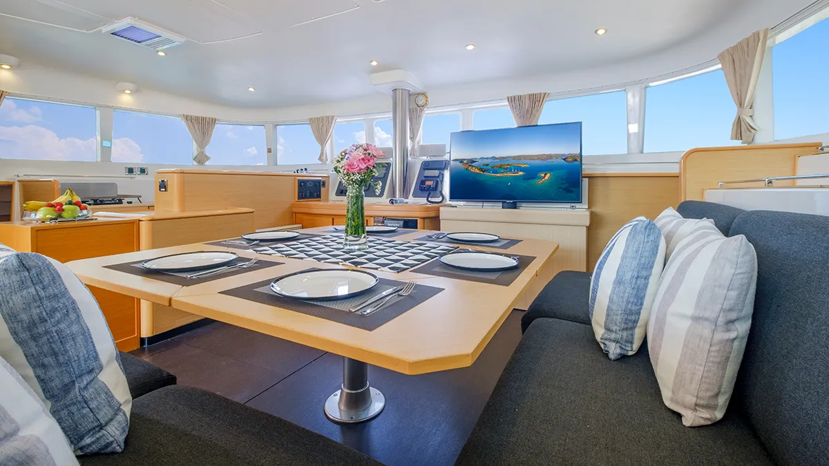 Salon of Mystique II, a Lagoon 500 catamaran at Athens, Greece