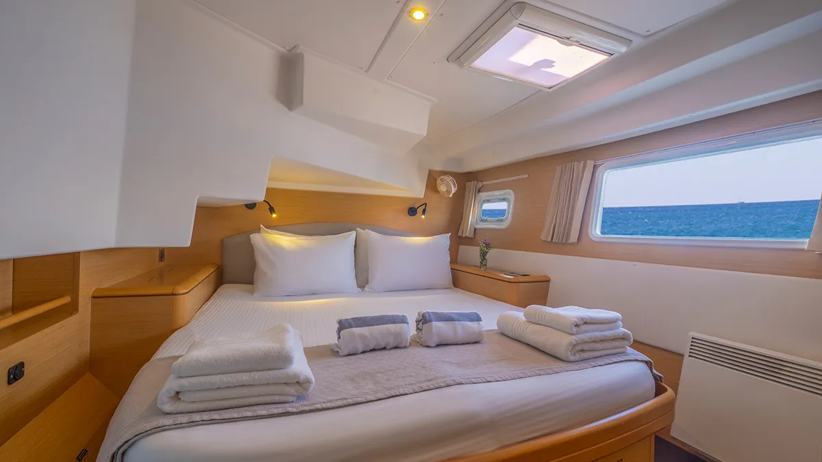 Cabin on Mystique II, a Lagoon 500 catamaran at Athens, Greece