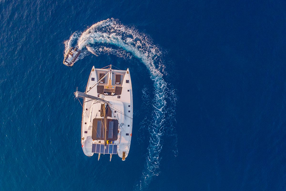 Exterior view of Mystique II, a Lagoon 500 catamaran at Athens, Greece