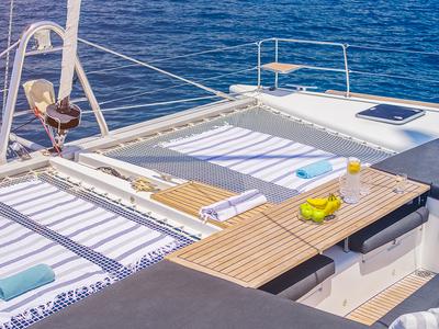 Deck of Mystique II, a Lagoon 500 catamaran at Athens, Greece