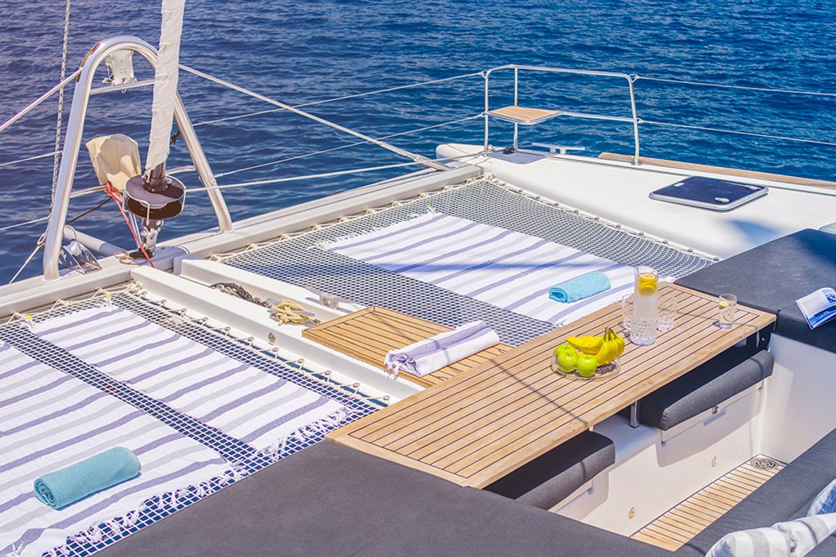 Deck of Mystique II, a Lagoon 500 catamaran at Athens, Greece