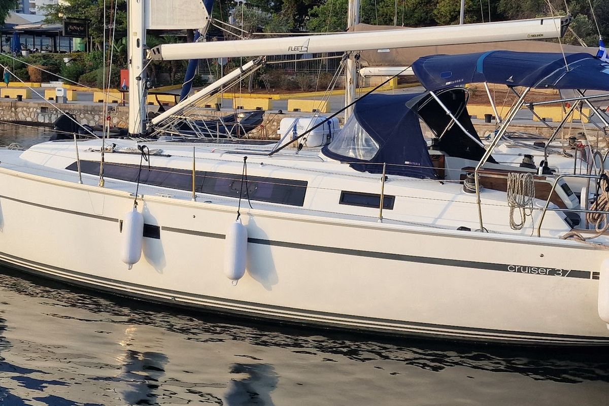 Exterior view of Odysseas, a Bavaria Cruiser 37 sailboat at Athens, Greece