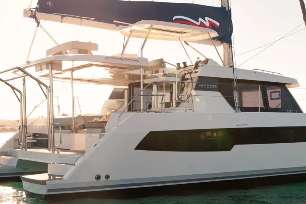 Exterior view of Moorings 4200/3 Exclusive Plus, a Leopard 42 catamaran at Grand Anse, Grenada