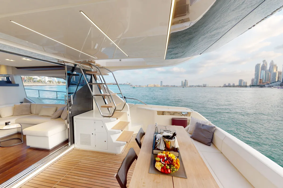 Aquilla 670, a Ferretti Ferretti 670 yacht at Dubai Harbour, United Arab Emirates