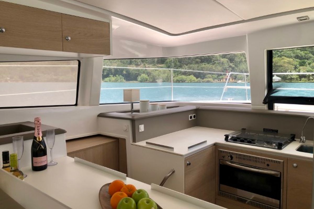 Galley of Zeta, a Bali 4.1 catamaran at Piombino, Italy
