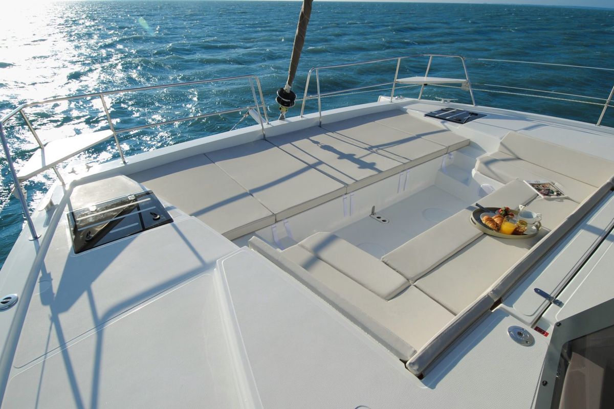 Deck of Zeta, a Bali 4.1 catamaran at Piombino, Italy