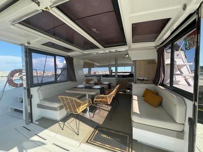 Salon of Zeta, a Bali 4.1 catamaran at Piombino, Italy