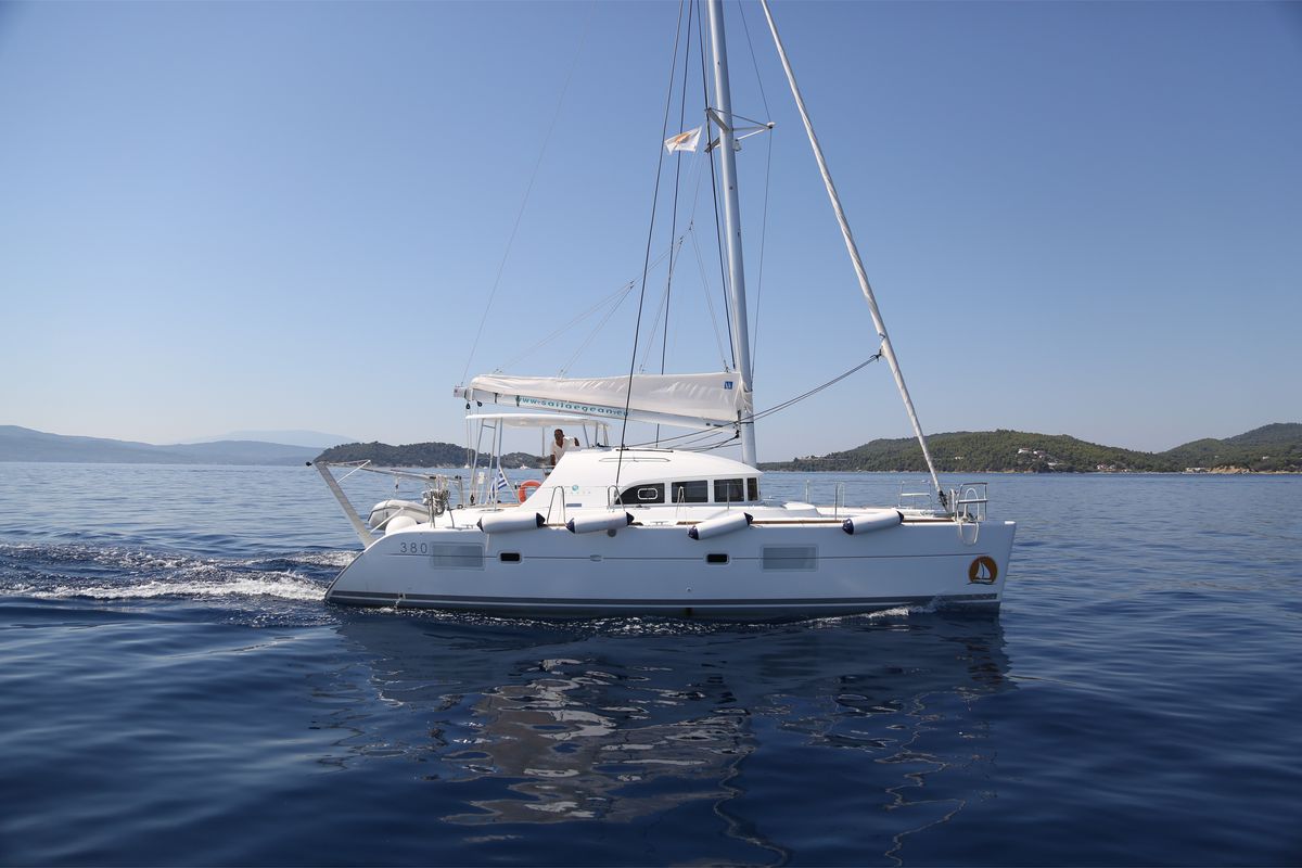 Exterior view of Calypso, a Lagoon 380 catamaran at Volos Municipality, Greece