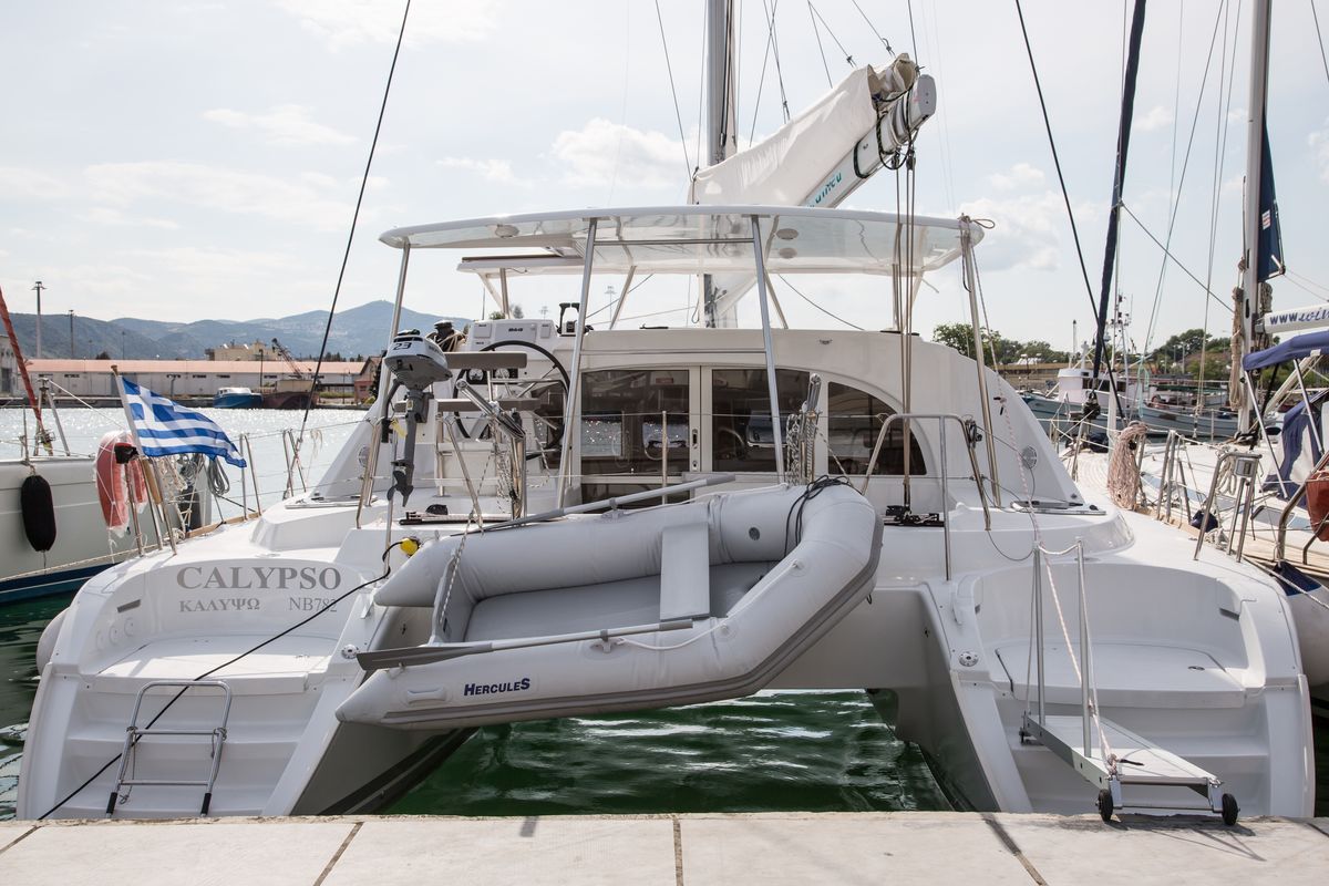 Exterior view of Calypso, a Lagoon 380 catamaran at Volos Municipality, Greece