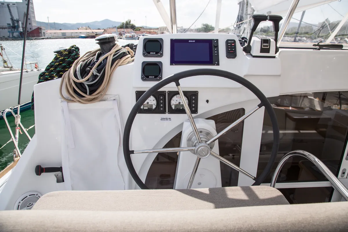 Cockpit of Calypso, a Lagoon 380 catamaran at Volos Municipality, Greece