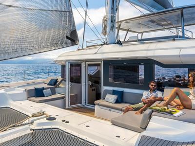 Deck of NAMA, a Lagoon 60 catamaran at Olbia, Italy