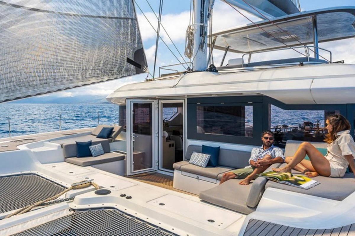 Deck of NAMA, a Lagoon 60 catamaran at Olbia, Italy