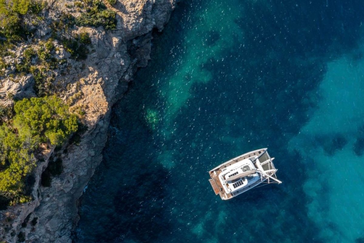 Exterior view of NAMA, a Lagoon 60 catamaran at Olbia, Italy