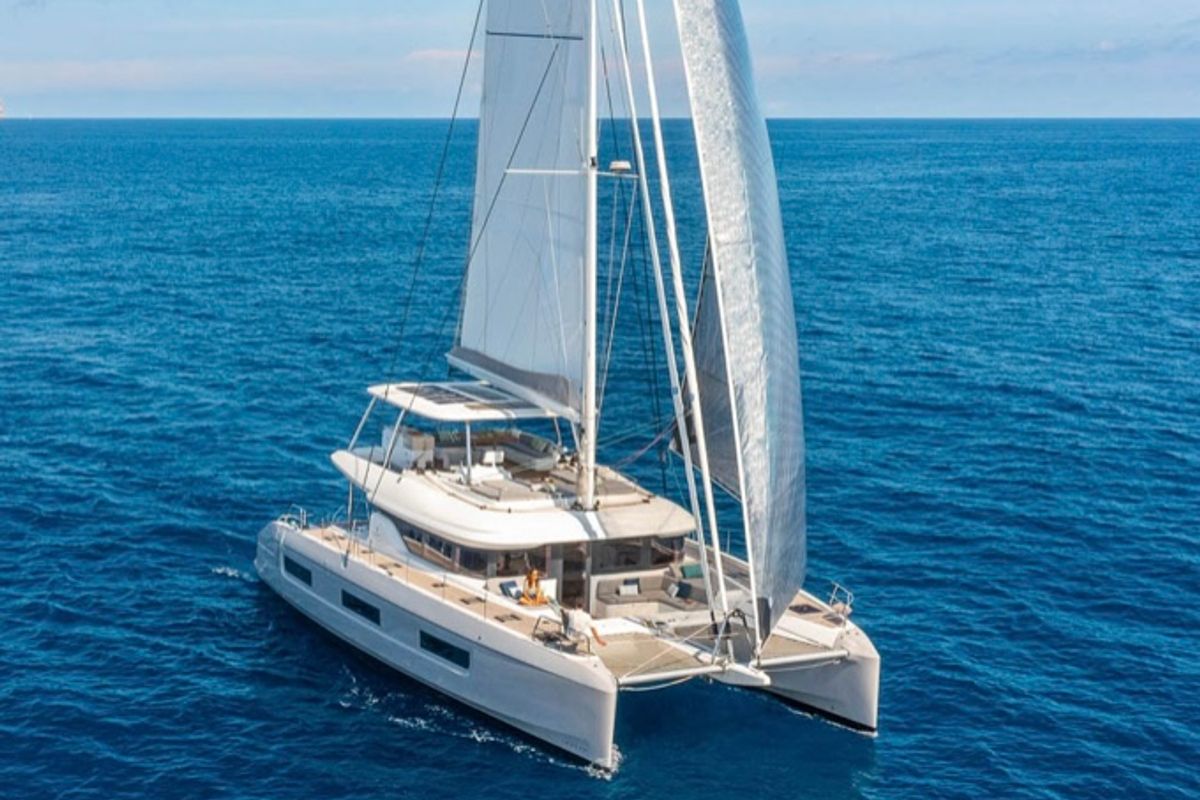 Exterior view of NAMA, a Lagoon 60 catamaran at Olbia, Italy