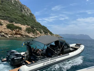 Exterior view of Goldfinger, a Brig Eagle 10 rib at Figari/Golfo Aranci, Italy