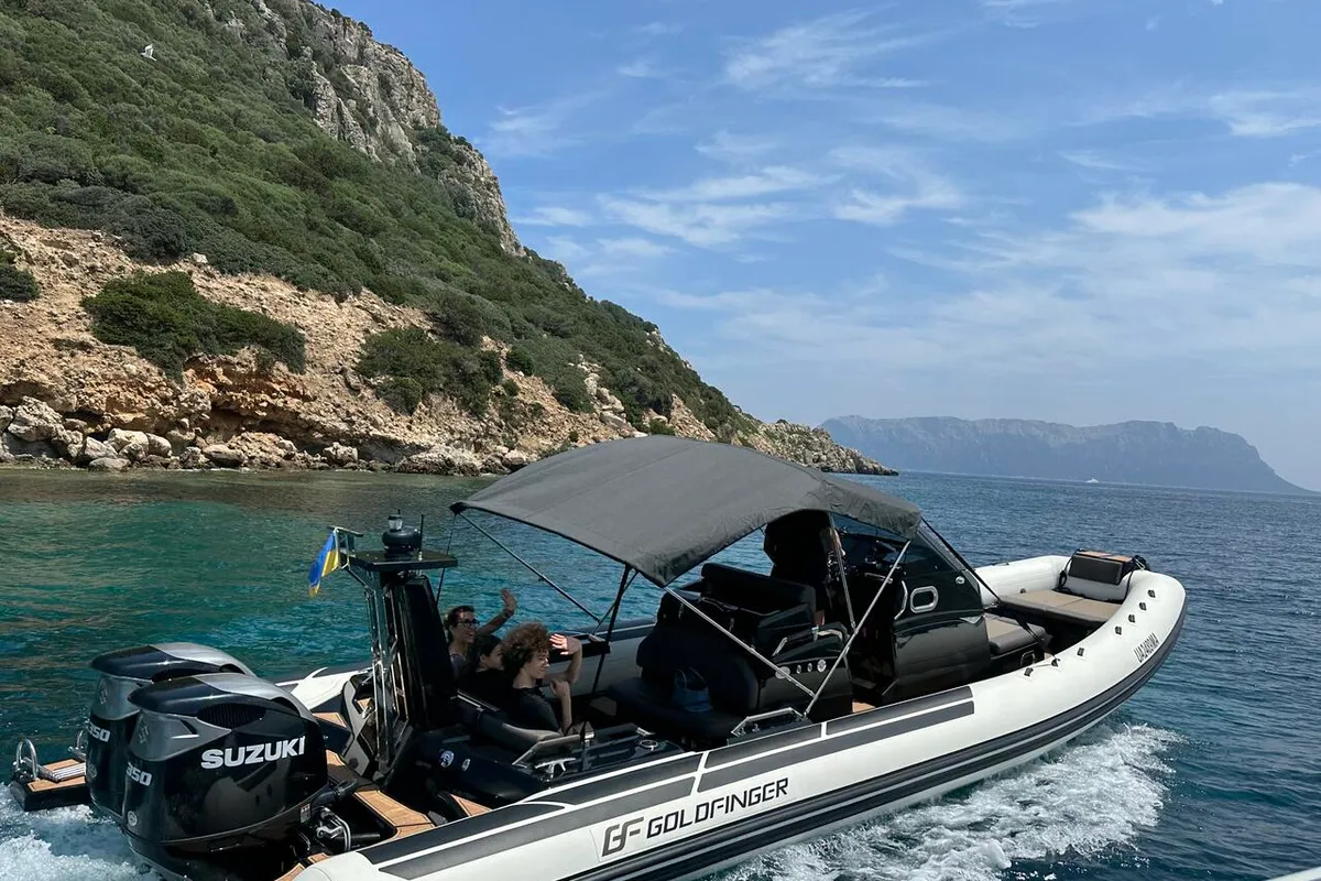 Exterior view of Goldfinger, a Brig Eagle 10 rib at Figari/Golfo Aranci, Italy