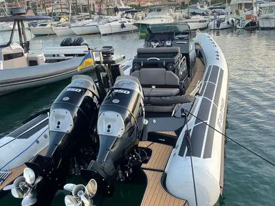 Exterior view of Goldfinger, a Brig Eagle 10 rib at Figari/Golfo Aranci, Italy