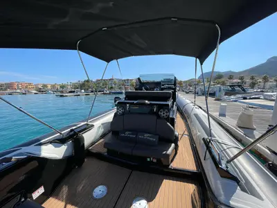 Deck of Goldfinger, a Brig Eagle 10 rib at Figari/Golfo Aranci, Italy