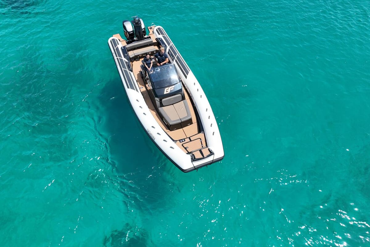 Exterior view of Goldfinger, a Brig Eagle 10 rib at Figari/Golfo Aranci, Italy