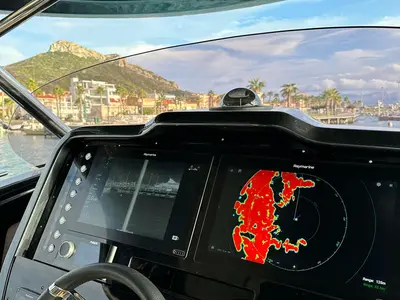 Cockpit of Goldfinger, a Brig Eagle 10 rib at Figari/Golfo Aranci, Italy