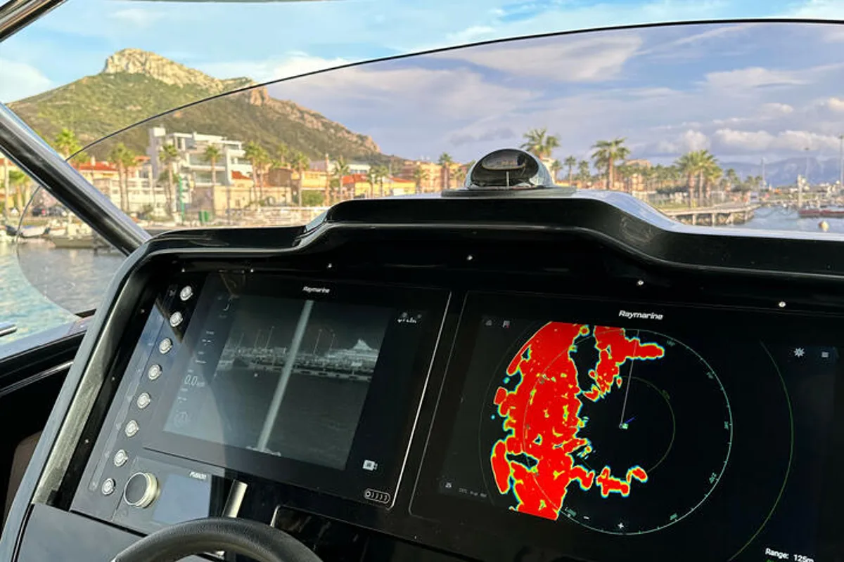 Cockpit of Goldfinger, a Brig Eagle 10 rib at Figari/Golfo Aranci, Italy