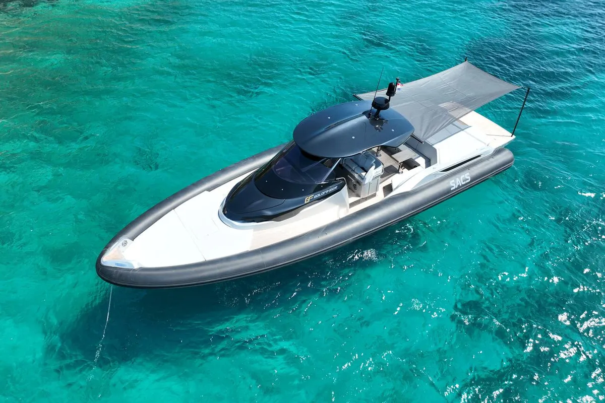 Exterior view of Goldfinger, a Brig Eagle 10 rib at Figari/Golfo Aranci, Italy