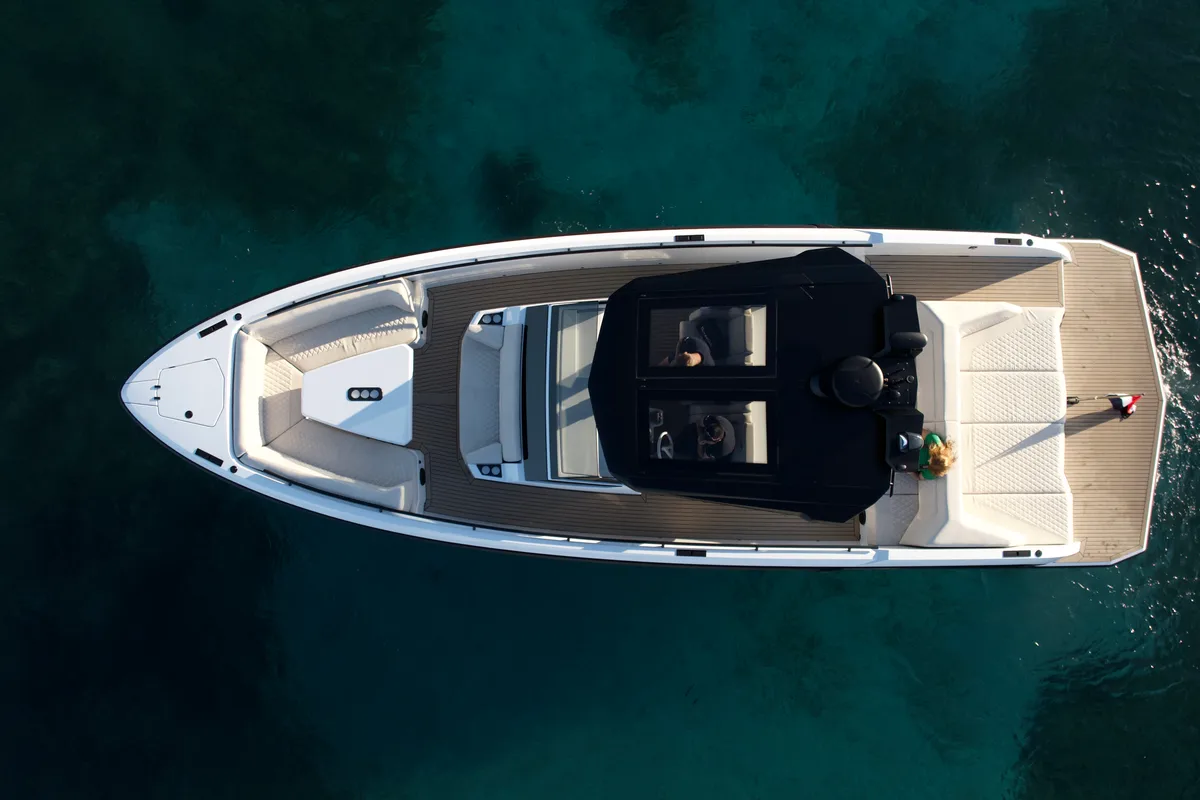 Exterior view of Goldfinger, a Brig Eagle 10 rib at Figari/Golfo Aranci, Italy
