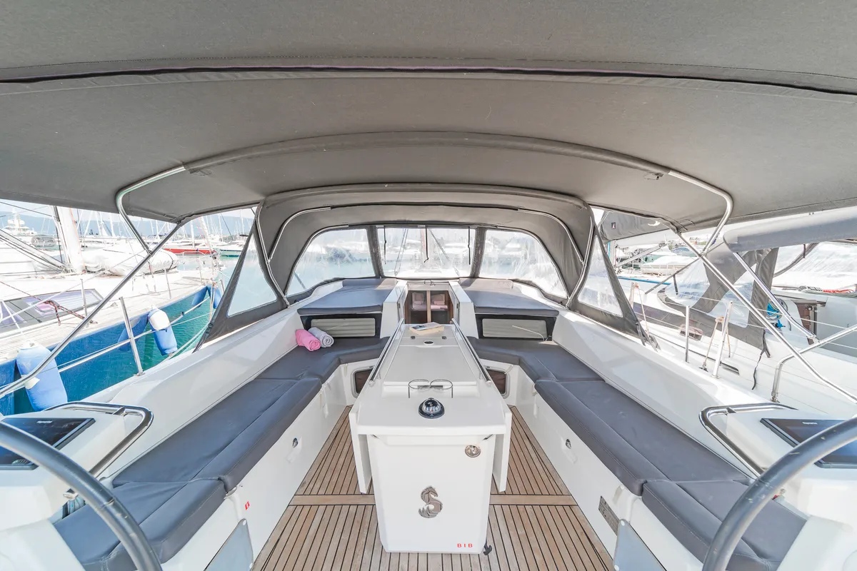 Cockpit of Babakita, a Beneteau Oceanis 51.1 sailboat at Gouvia, Greece