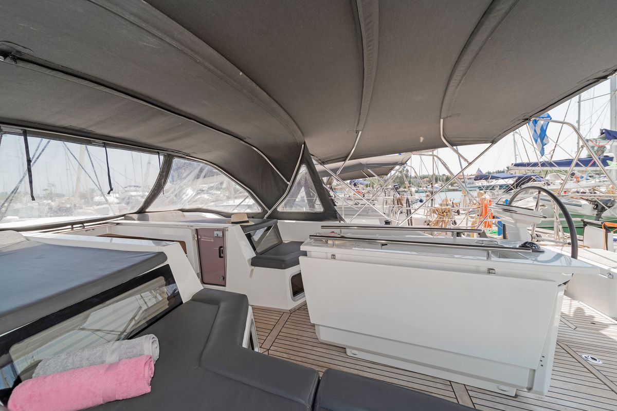 Deck of Babakita, a Beneteau Oceanis 51.1 sailboat at Gouvia, Greece