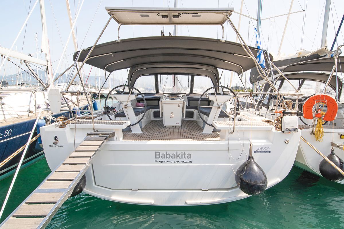 Cockpit of Babakita, a Beneteau Oceanis 51.1 sailboat at Gouvia, Greece