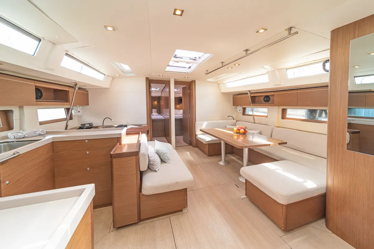 Salon of Babakita, a Beneteau Oceanis 51.1 sailboat at Gouvia, Greece