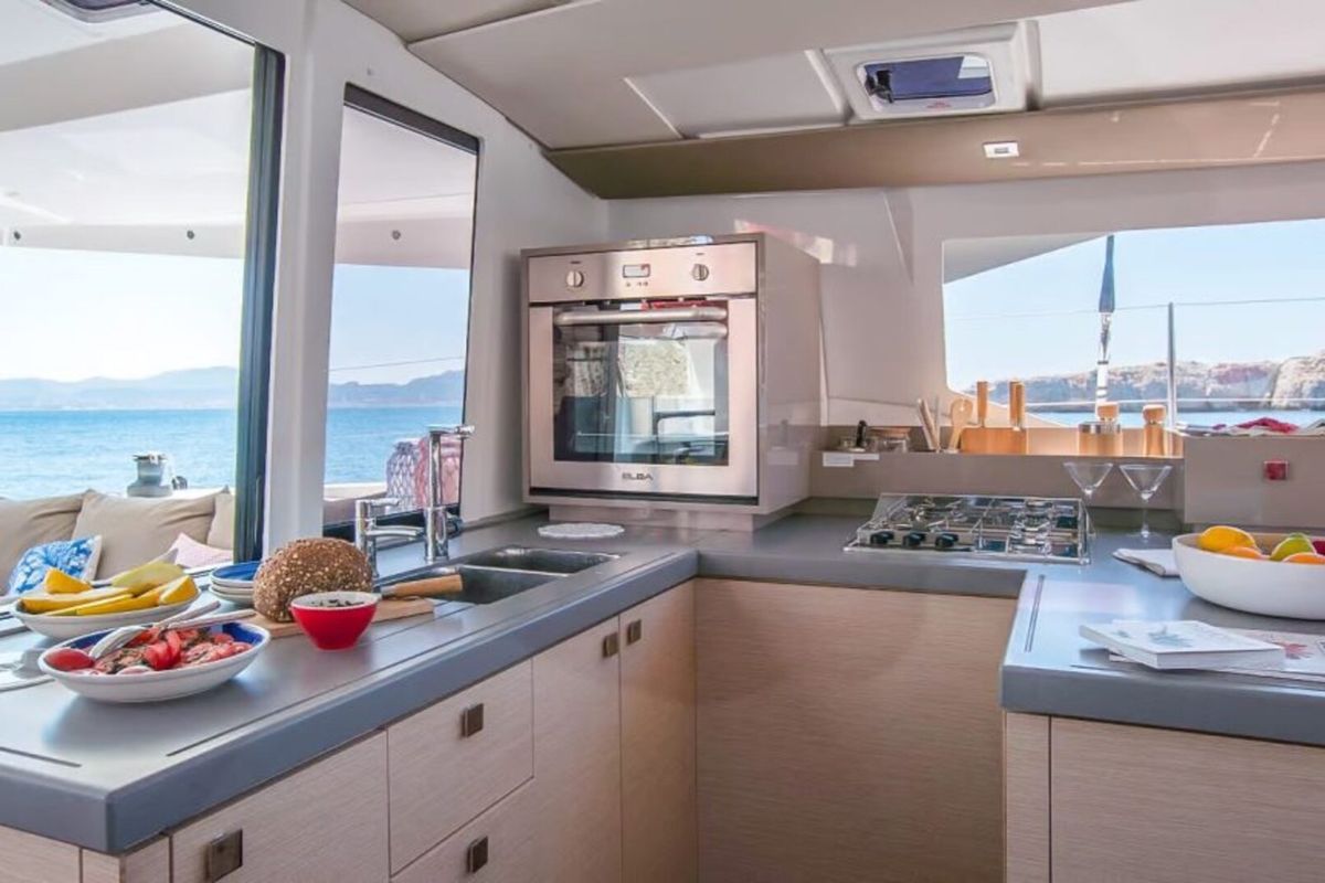 Galley of Satellite, a Fountaine Pajot Astrea 42 catamaran at Kotor, Montenegro