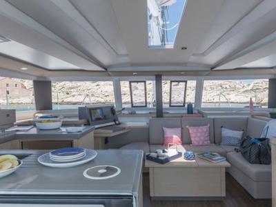 Salon of Satellite, a Fountaine Pajot Astrea 42 catamaran at Kotor, Montenegro