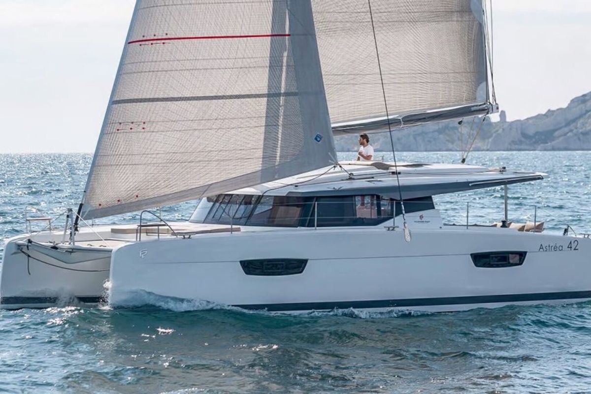 Exterior view of Satellite, a Fountaine Pajot Astrea 42 catamaran at Kotor, Montenegro