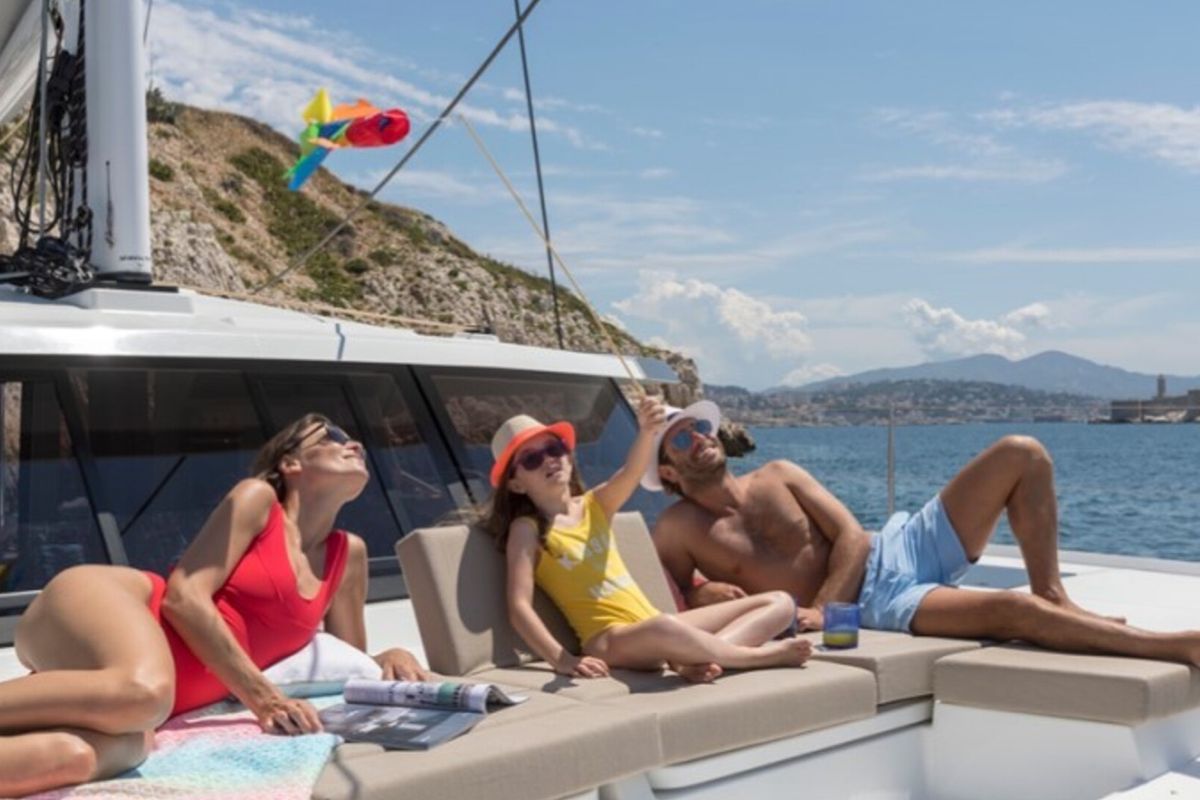 Deck of Satellite, a Fountaine Pajot Astrea 42 catamaran at Kotor, Montenegro