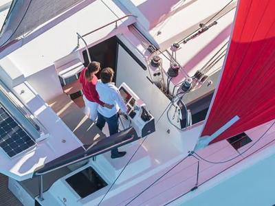 Cockpit of Satellite, a Fountaine Pajot Astrea 42 catamaran at Kotor, Montenegro
