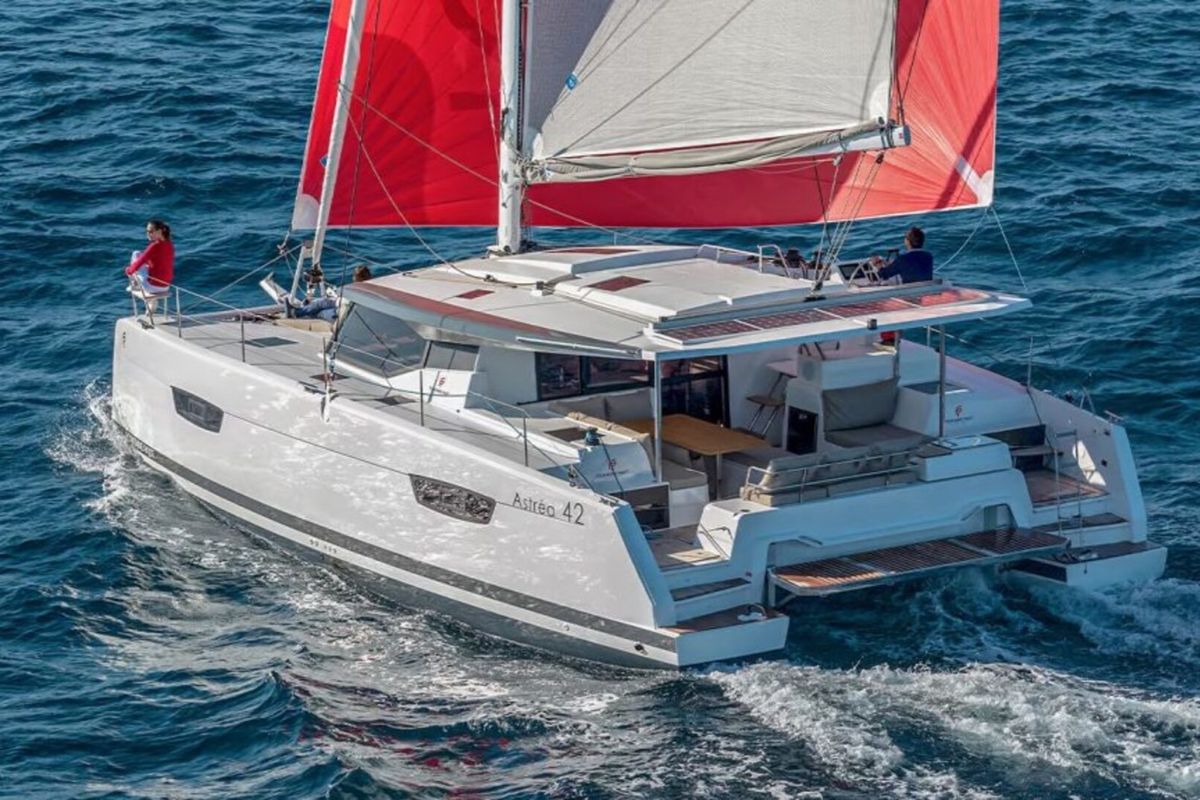 Exterior view of Satellite, a Fountaine Pajot Astrea 42 catamaran at Kotor, Montenegro