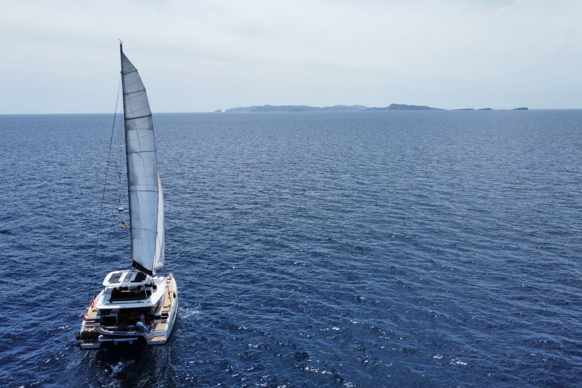 Exterior view of Emilia, a Lagoon 55 catamaran at Palma de Mallorca, Spain