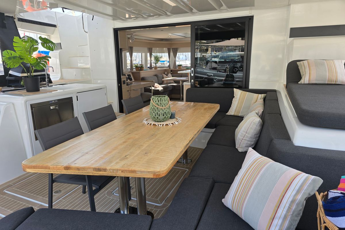 Deck of Emilia, a Lagoon 55 catamaran at Palma de Mallorca, Spain