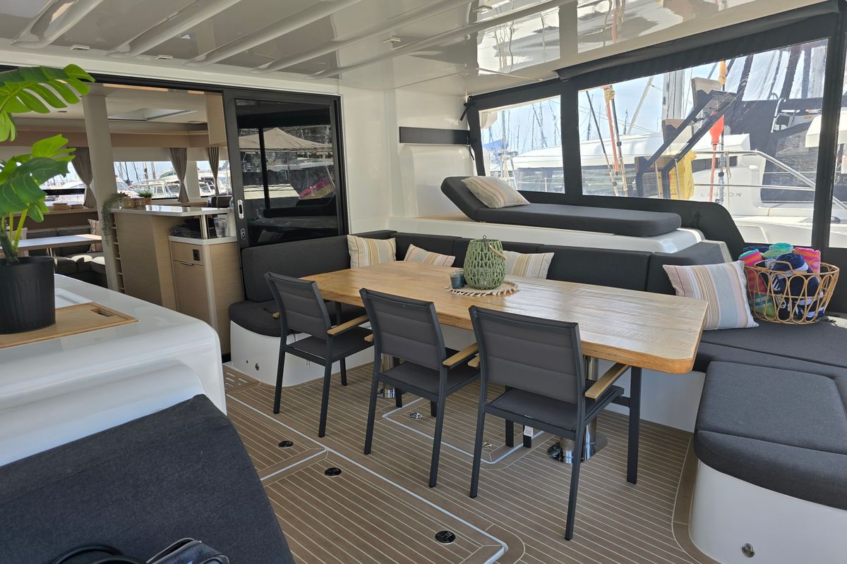 Deck of Emilia, a Lagoon 55 catamaran at Palma de Mallorca, Spain
