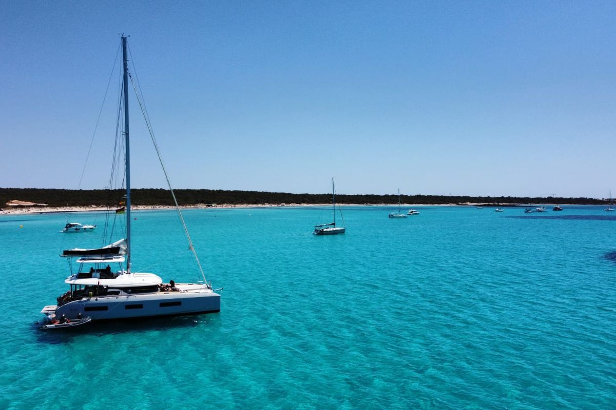 Exterior view of Emilia, a Lagoon 55 catamaran at Palma de Mallorca, Spain