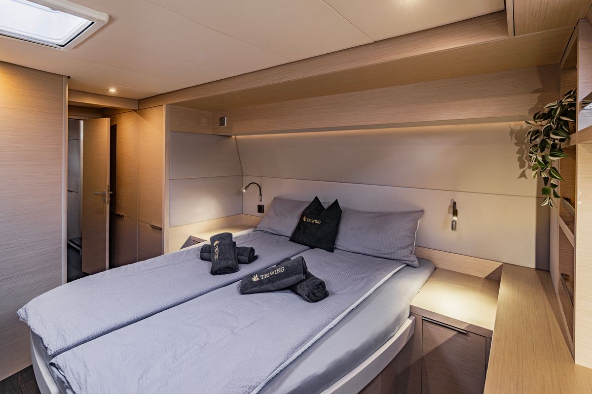 Cabin on Emilia, a Lagoon 55 catamaran at Palma de Mallorca, Spain