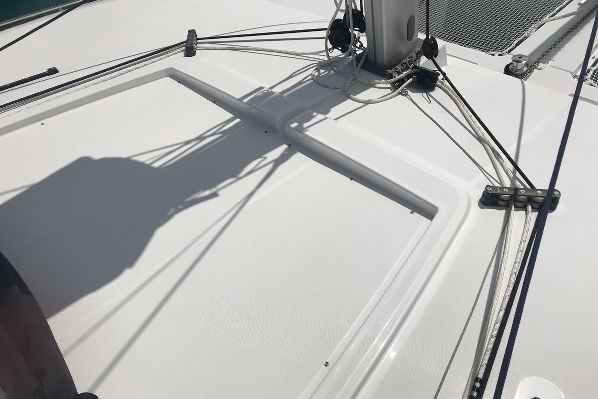 Deck of Rigel Kentaurus, a Lagoon 450 Fly catamaran at Olbia, Italy