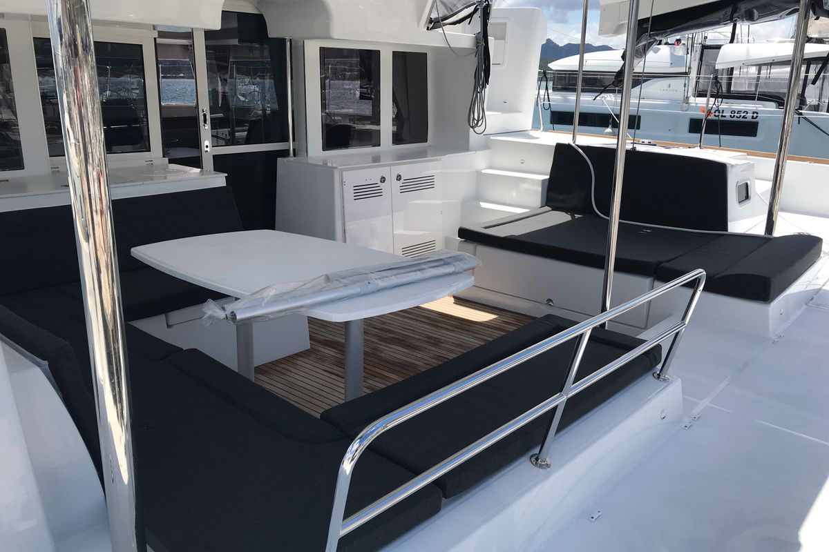 Deck of Rigel Kentaurus, a Lagoon 450 Fly catamaran at Olbia, Italy